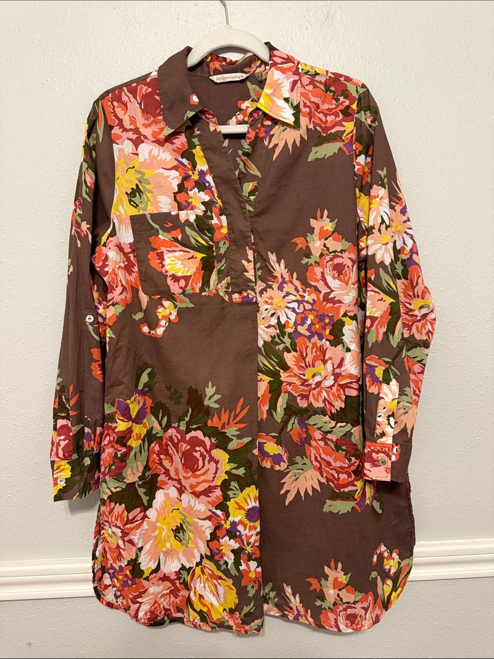 Soft Surroundings Brown Floral Popover Tunic
